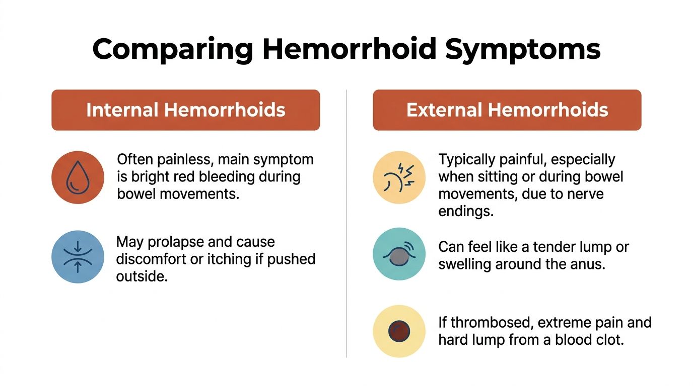 A comparison chart outlining the key symptoms and differences between internal and external hemorrhoids in simple terms.