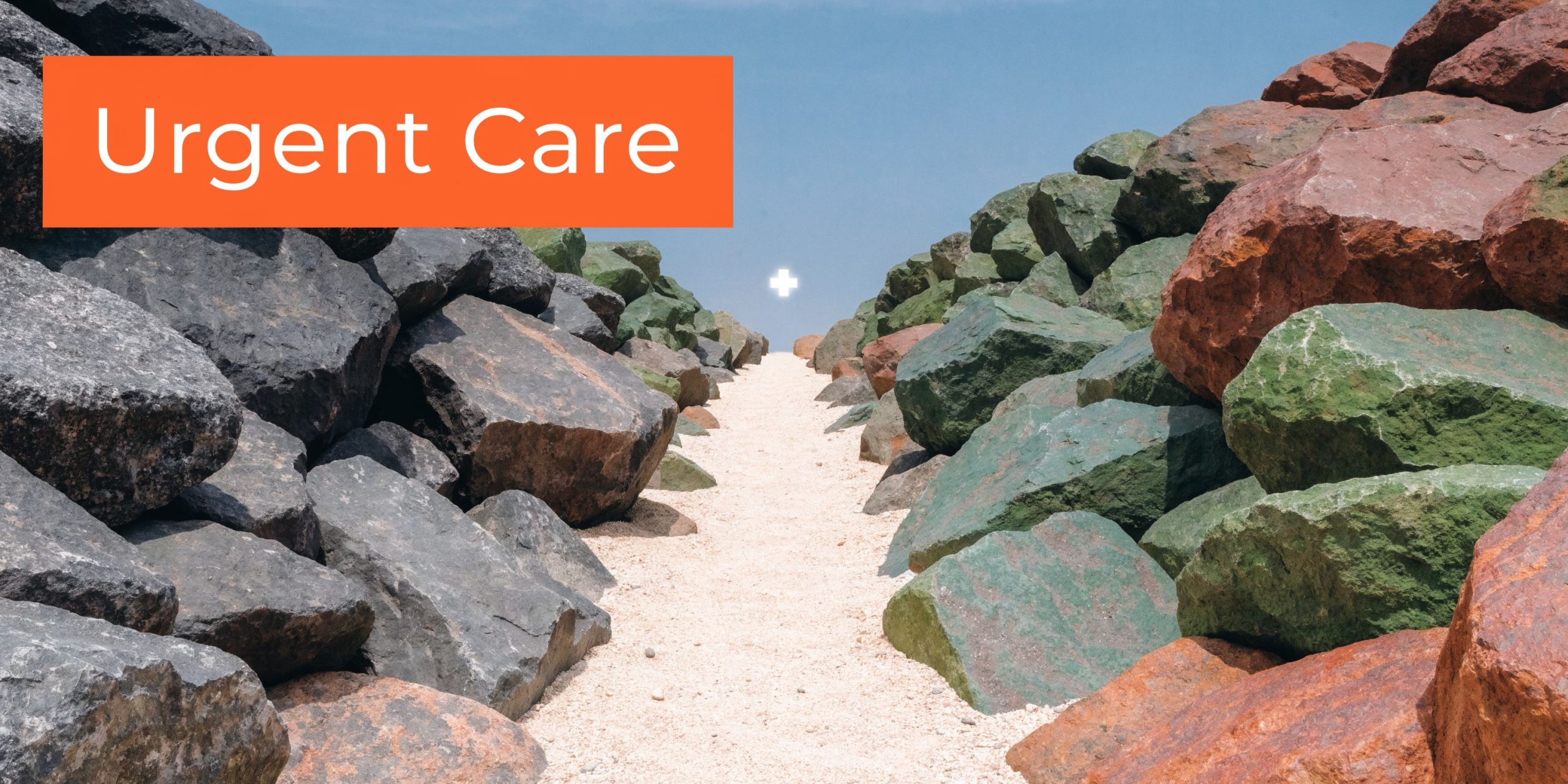 A sandy path between large green, black, and red rocks leading to a bright white plus sign.