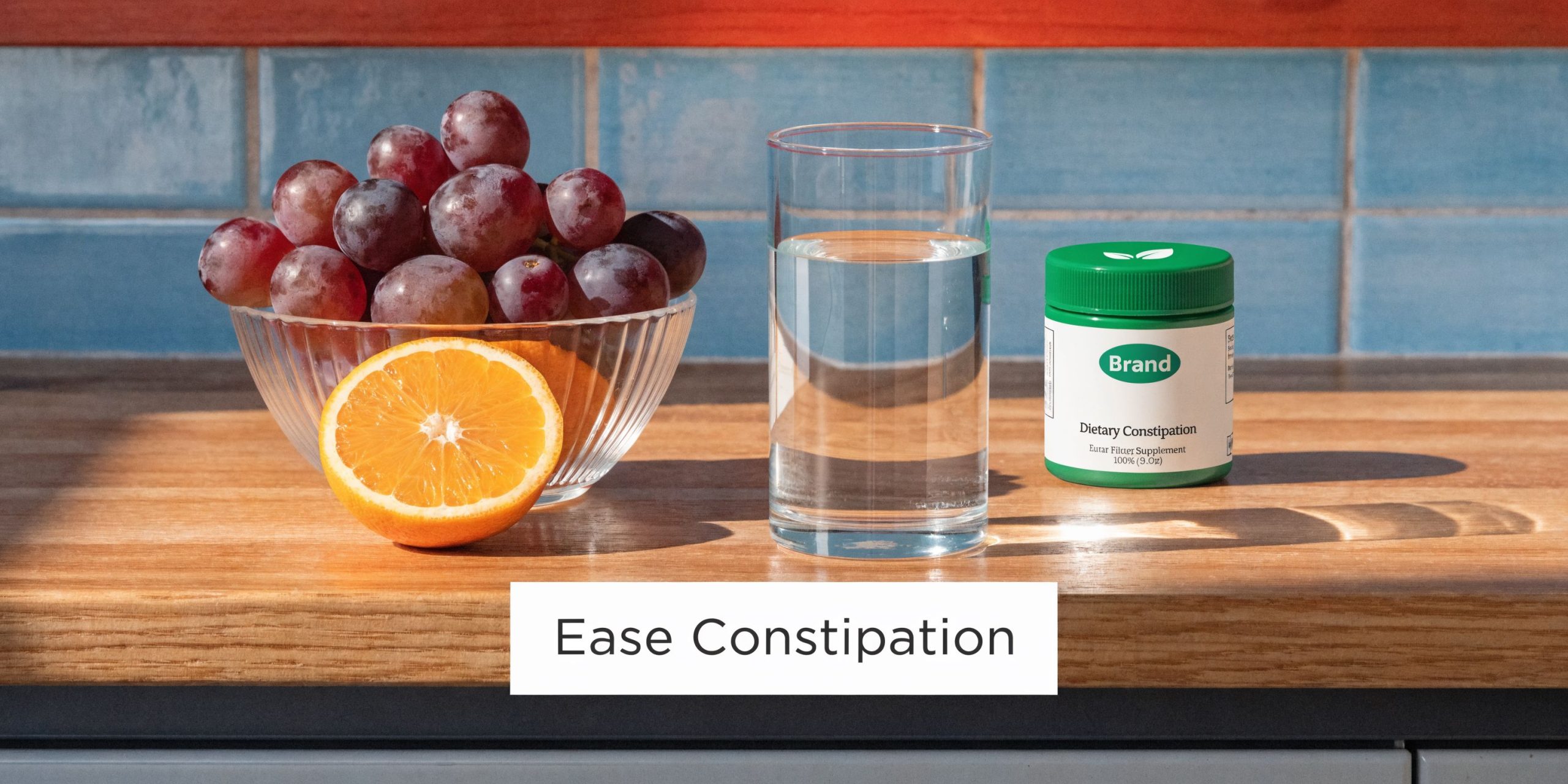 A glass of water, a bowl of grapes, and a bottle of constipation supplement on a table.