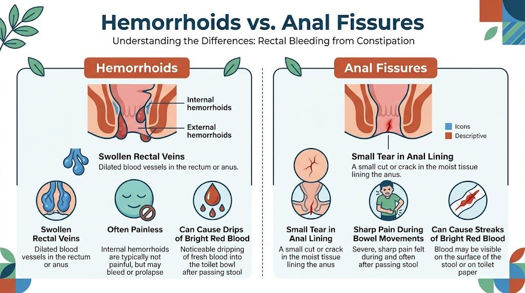 A medical infographic comparing symptoms and causes of hemorrhoids versus anal fissures for rectal bleeding awareness.