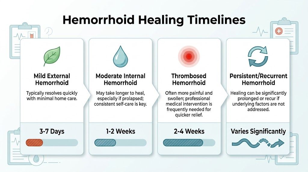 A chart illustrating the varying healing timelines for different types of hemorrhoids, ranging from days to weeks.