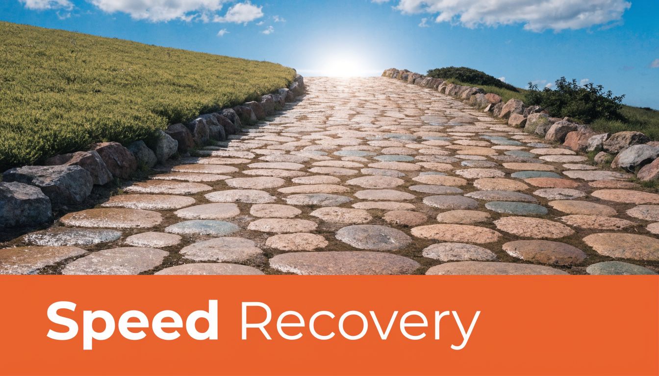 A scenic stone pathway leading uphill towards a bright sun, symbolizing the journey towards faster recovery and health.