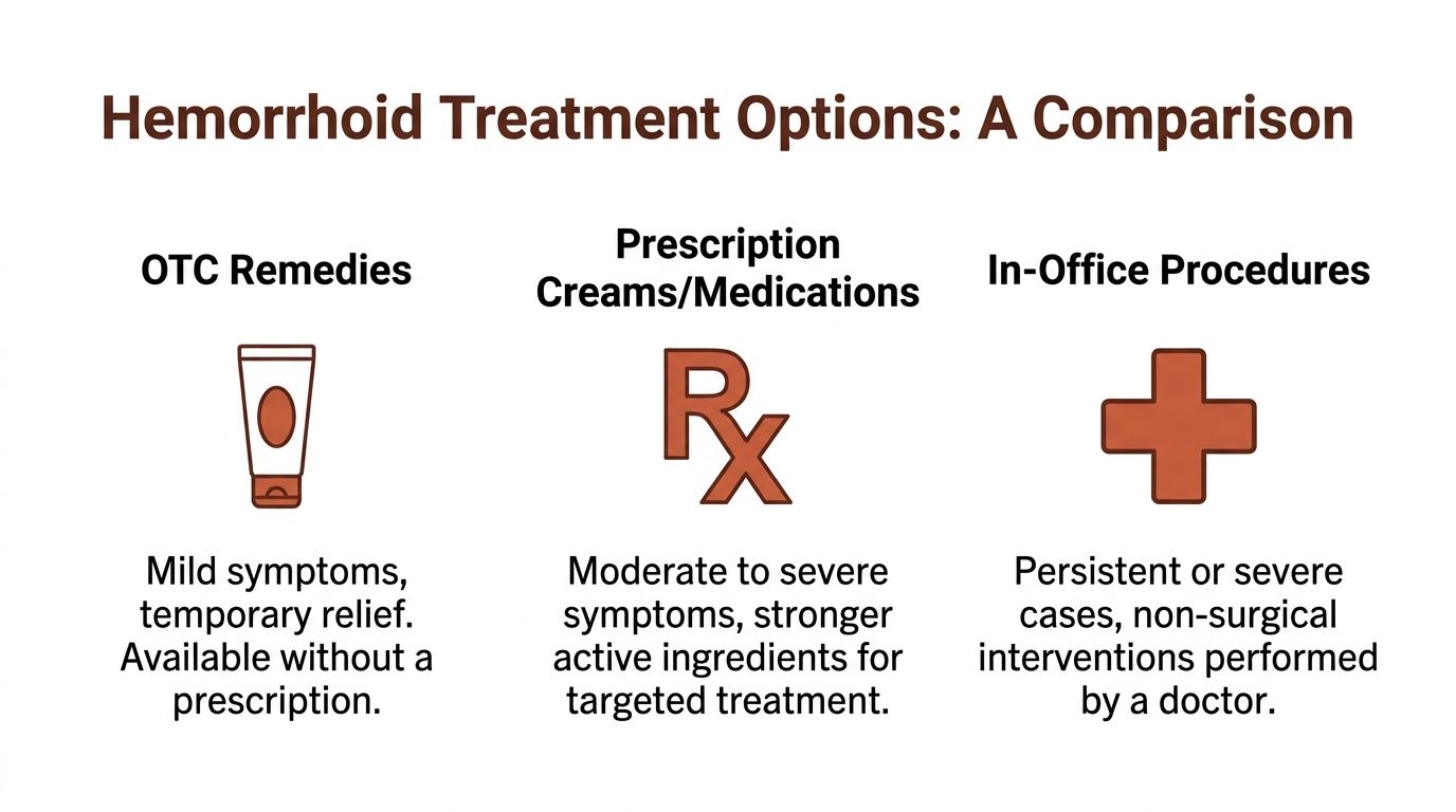 A comparison chart outlining hemorrhoid treatment options, including OTC remedies, prescription medications, and in-office procedures.