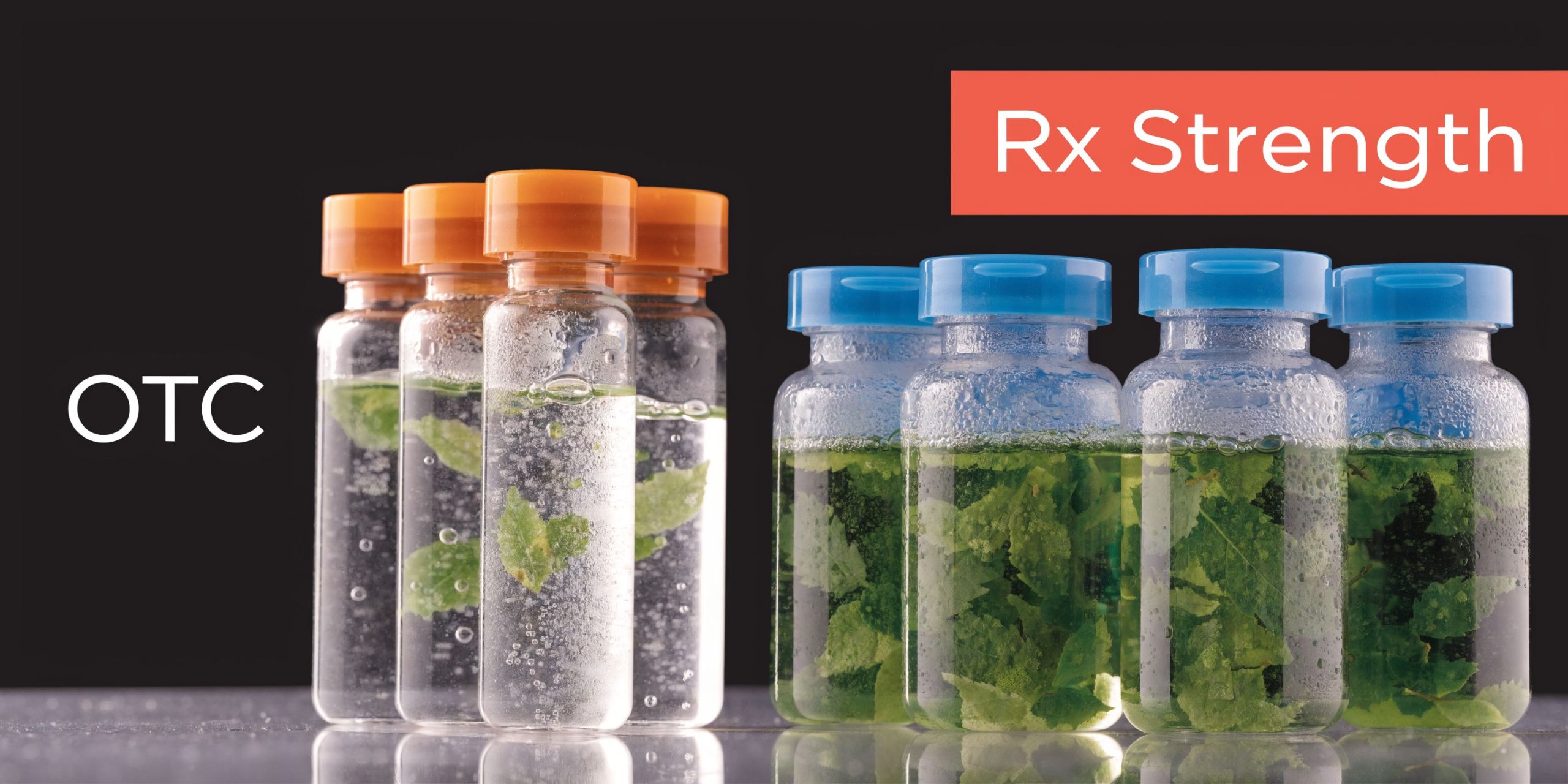 Two rows of medicine bottles contrasting clear OTC liquid with a potent dark green herbal Rx solution.