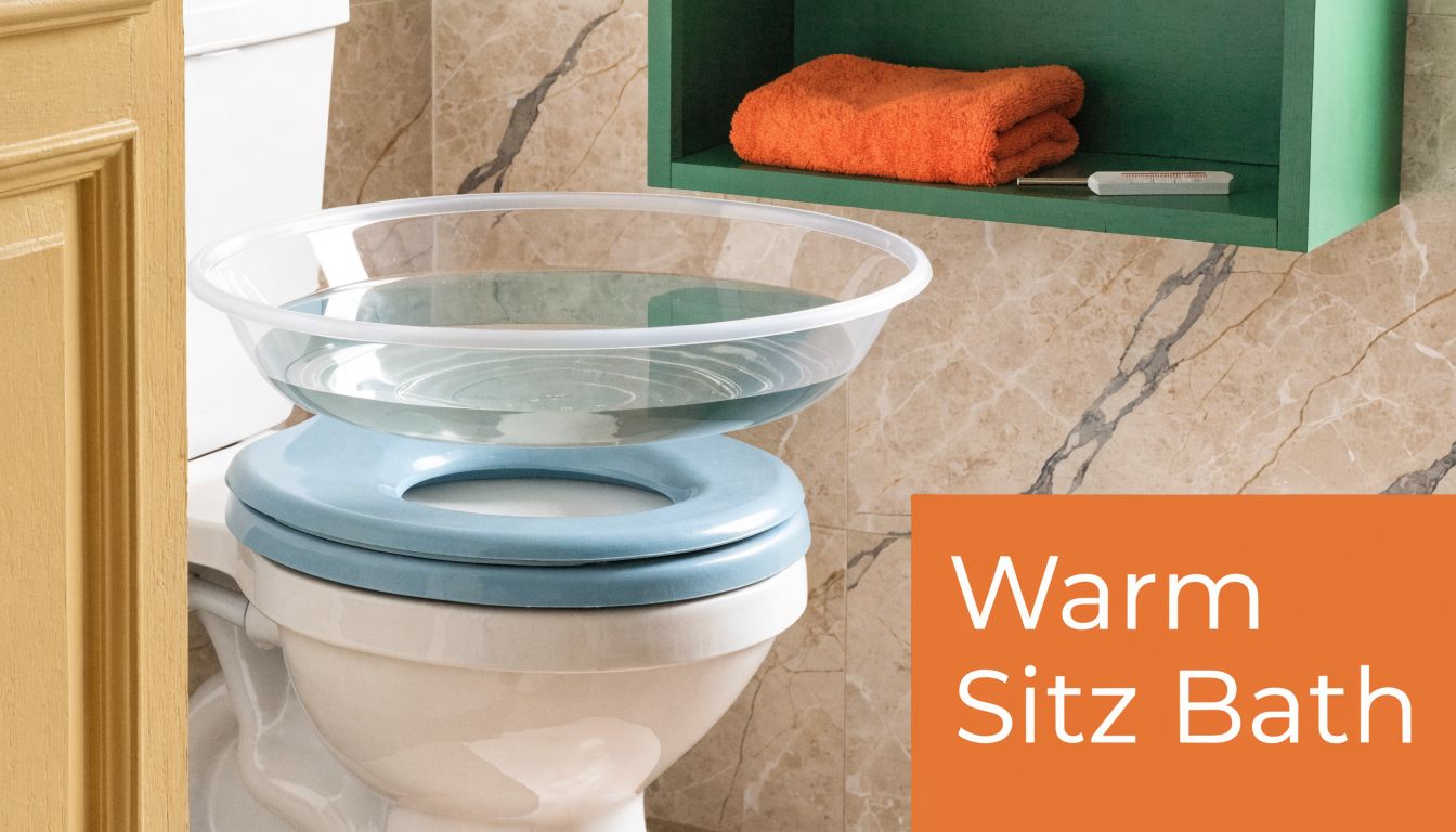 A warm sitz bath basin filled with water placed on a white toilet seat for home relief.