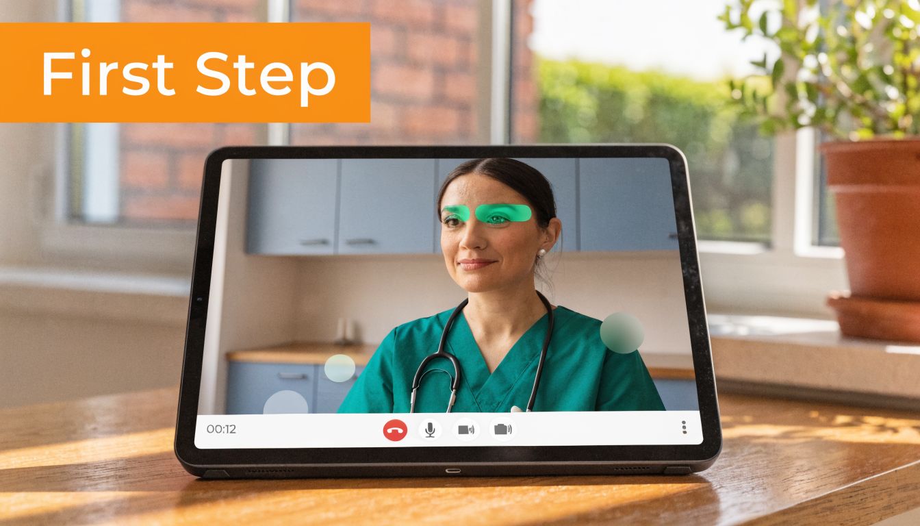 A tablet on a wooden desk showing a video call with a female doctor wearing scrubs.