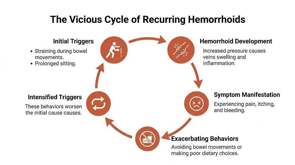 An infographic diagram illustrating the vicious cycle of recurring hemorrhoids, from initial triggers to symptomatic behavior.