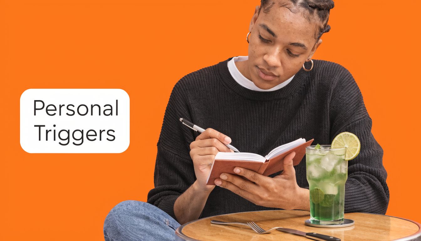 A person writing in a small notebook while sitting at a table with a lime drink.