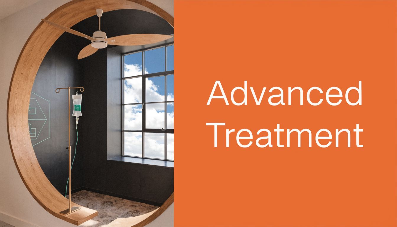A modern medical treatment room with a circular wooden accent and an intravenous drip stand
