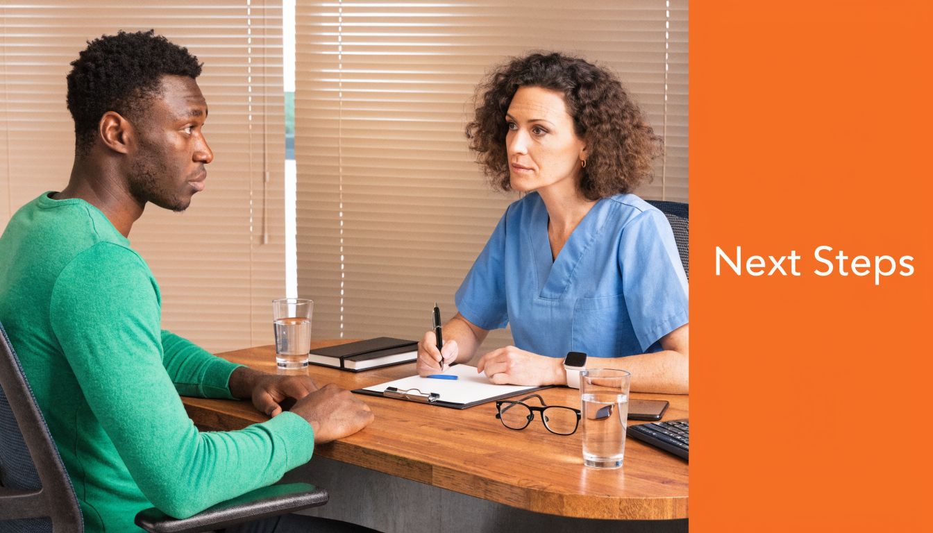 A male patient sitting and consulting with a female doctor in a professional clinical office setting.