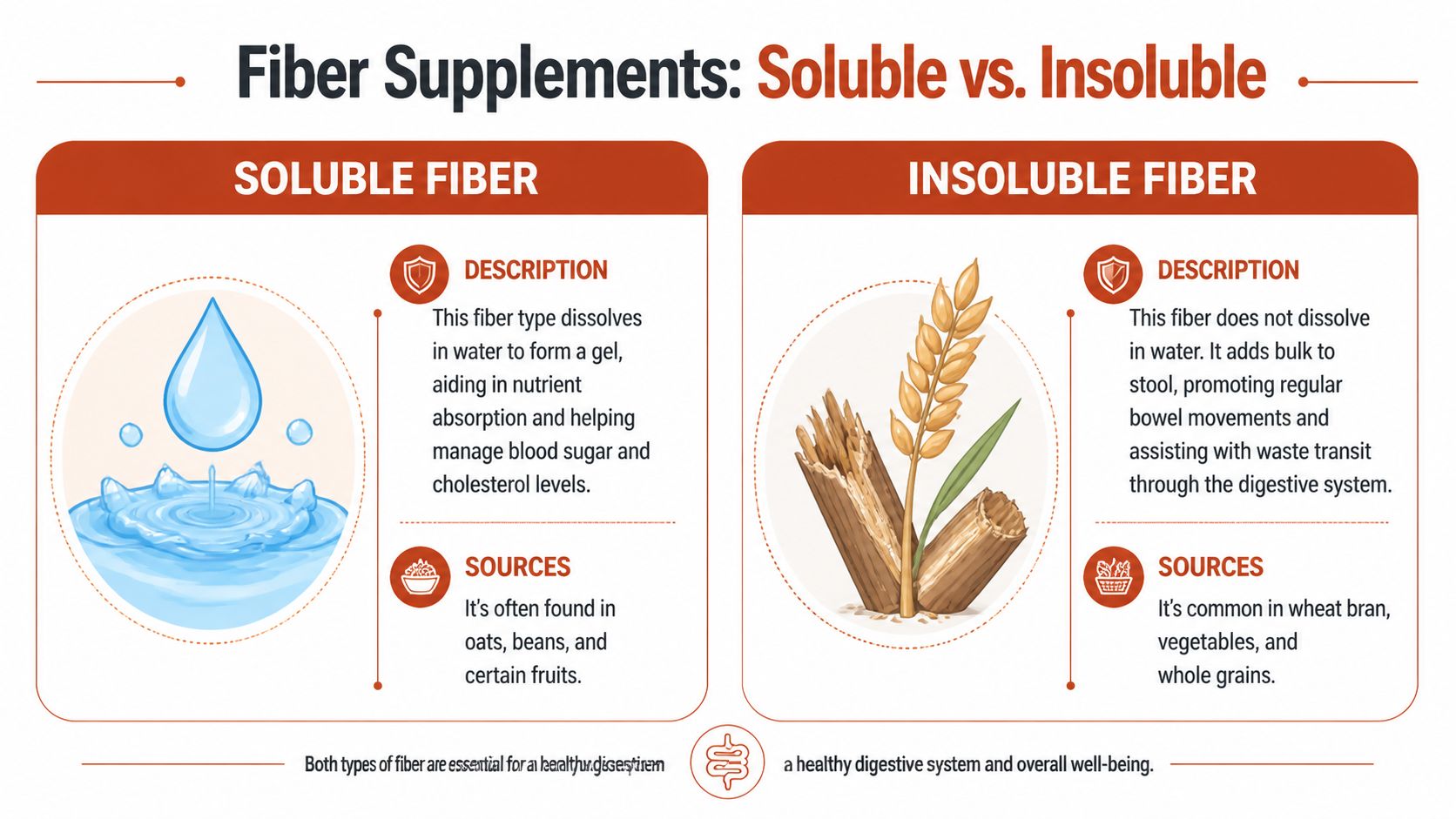 A comparison chart showing the differences between soluble and insoluble fiber, including their descriptions and dietary sources.