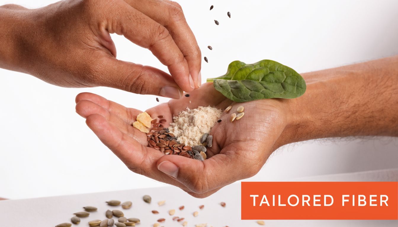 A person holding a variety of seeds, a spinach leaf, and powdered fiber in their palms.