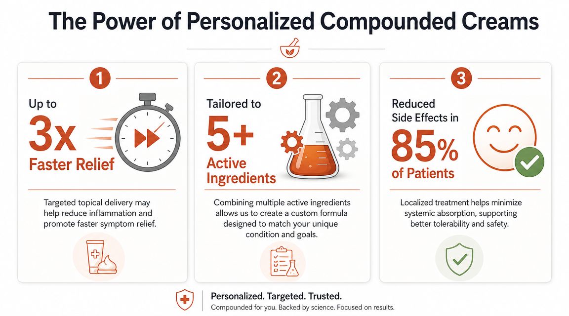 An infographic showing the three main benefits of personalized compounded creams for effective targeted medical treatment.