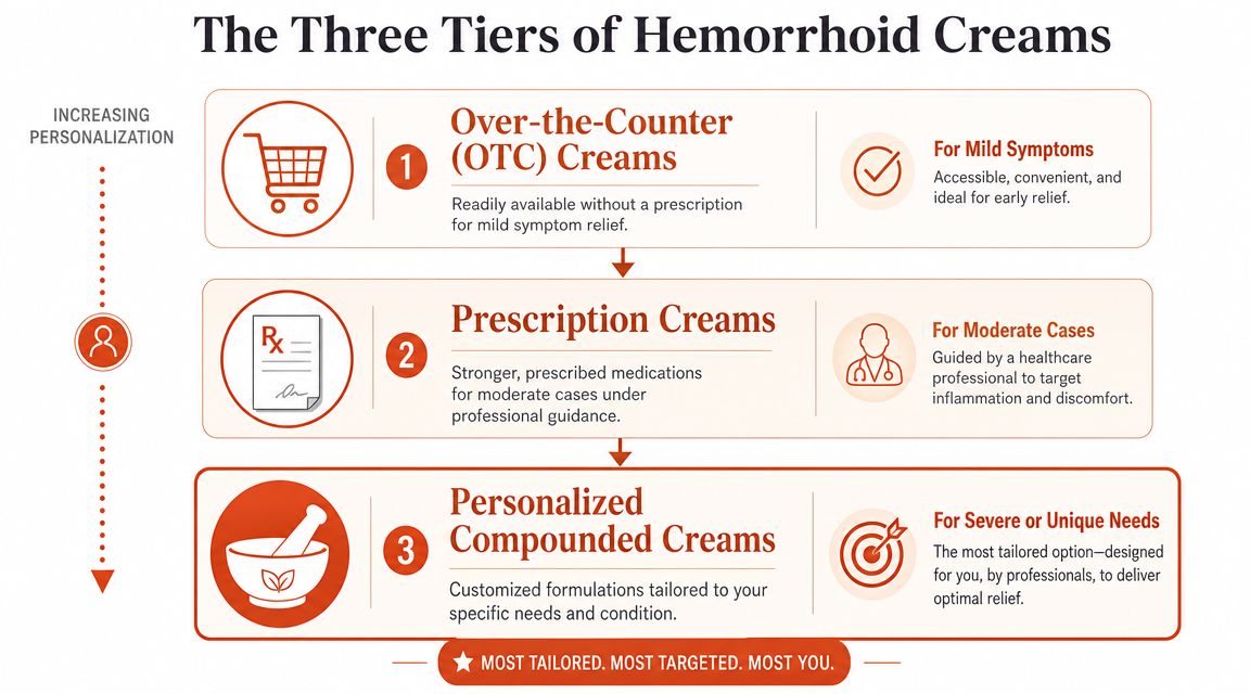 A chart illustrating three tiers of hemorrhoid treatments from over-the-counter options to personalized compounded creams.