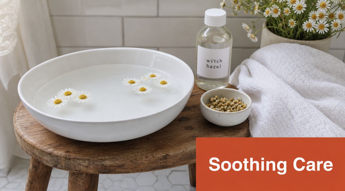 A wooden stool holding a bowl of water with chamomile flowers, witch hazel, and a white towel.