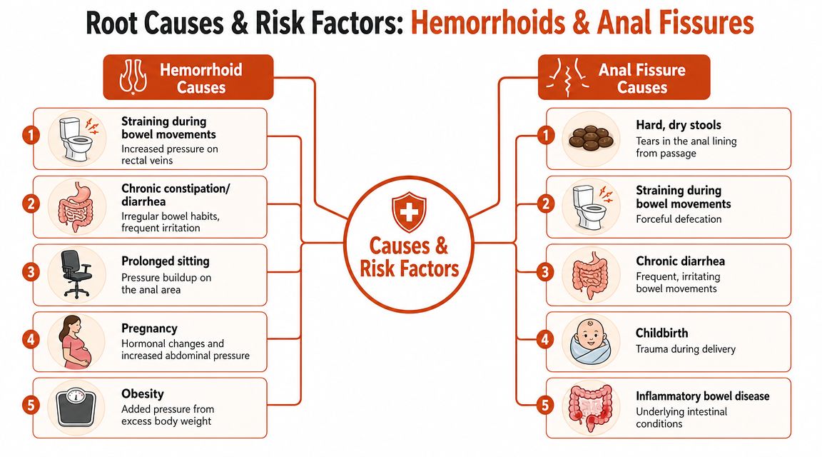 An infographic detailing the various root causes and risk factors associated with hemorrhoids and anal fissures.
