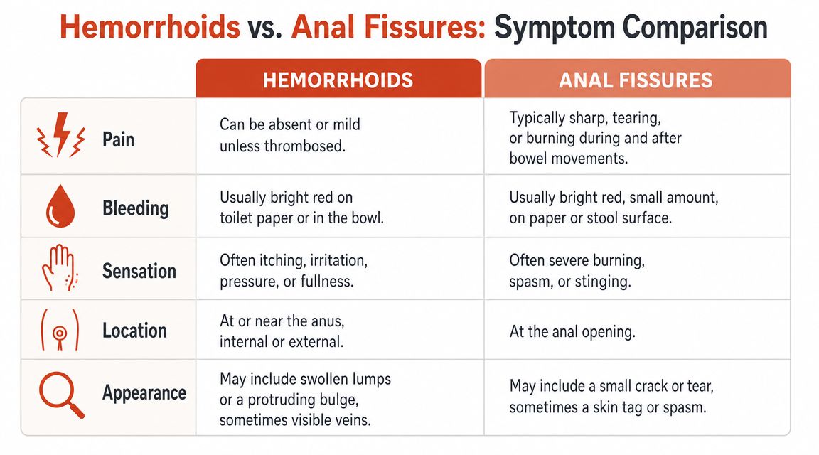 A comparison table outlining the key differences in symptoms between hemorrhoids and anal fissures for patient education.