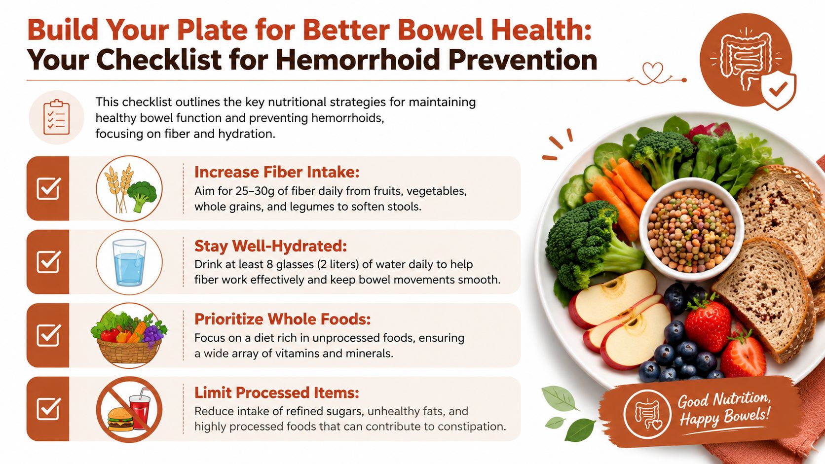 A healthy plate of fiber-rich whole foods, including vegetables, fruits, and bread, for bowel health.