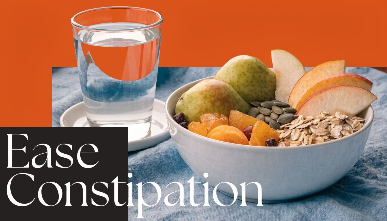 A healthy bowl of fiber-rich oatmeal with fruit and seeds next to a glass of water.