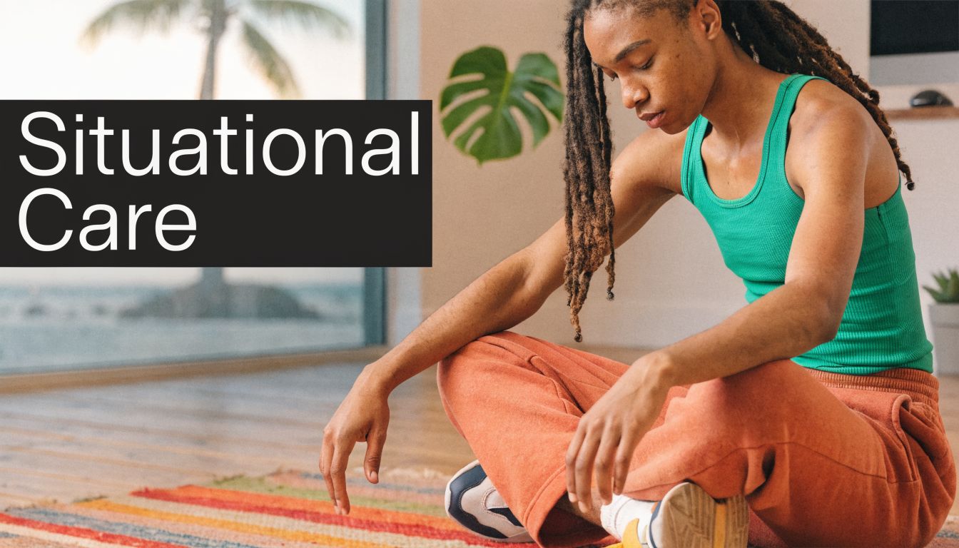 A person with dreadlocks sitting on a rug in a meditative pose in a bright room.