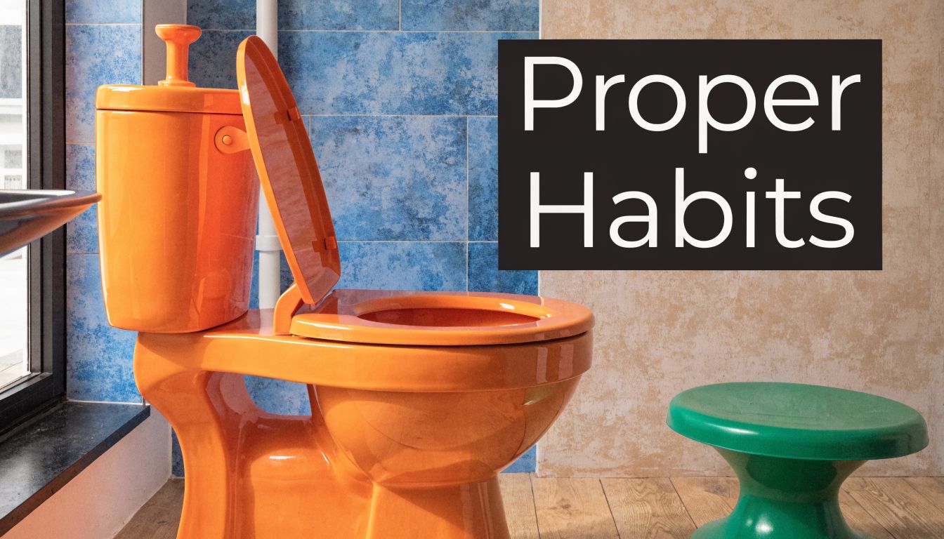 A bright orange toilet in a modern bathroom next to a small green stool for proper positioning.