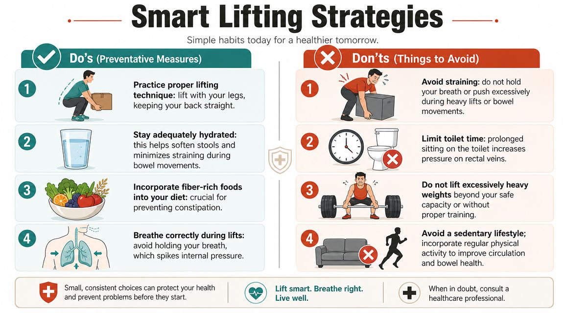An infographic titled Smart Lifting Strategies showcasing tips for preventing injuries and maintaining bowel health.