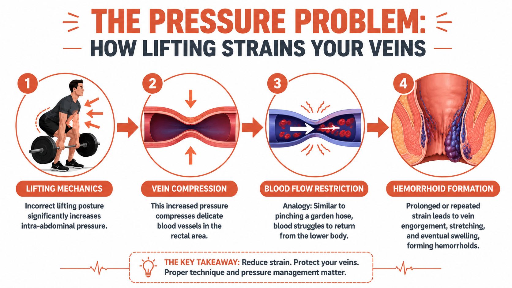 A four-step diagram illustrating how incorrect lifting posture causes increased pressure leading to hemorrhoid formation.