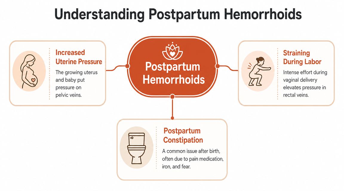 An infographic titled Understanding Postpartum Hemorrhoids explaining causes including uterine pressure, straining during labor, and constipation.