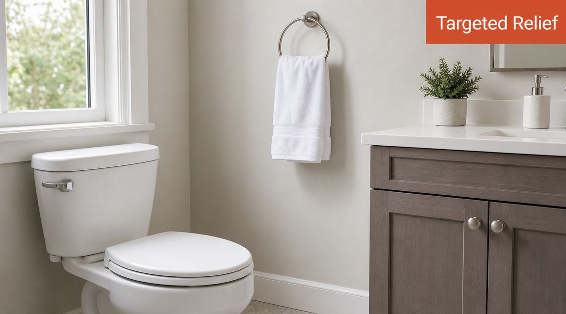 A clean modern bathroom featuring a white toilet, gray vanity cabinet, and a towel hanging on the wall.