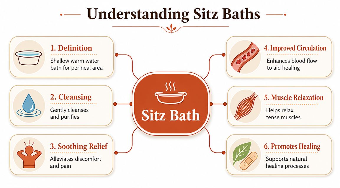 An infographic titled Understanding Sitz Baths, outlining six key benefits of using a sitz bath for perineal care.