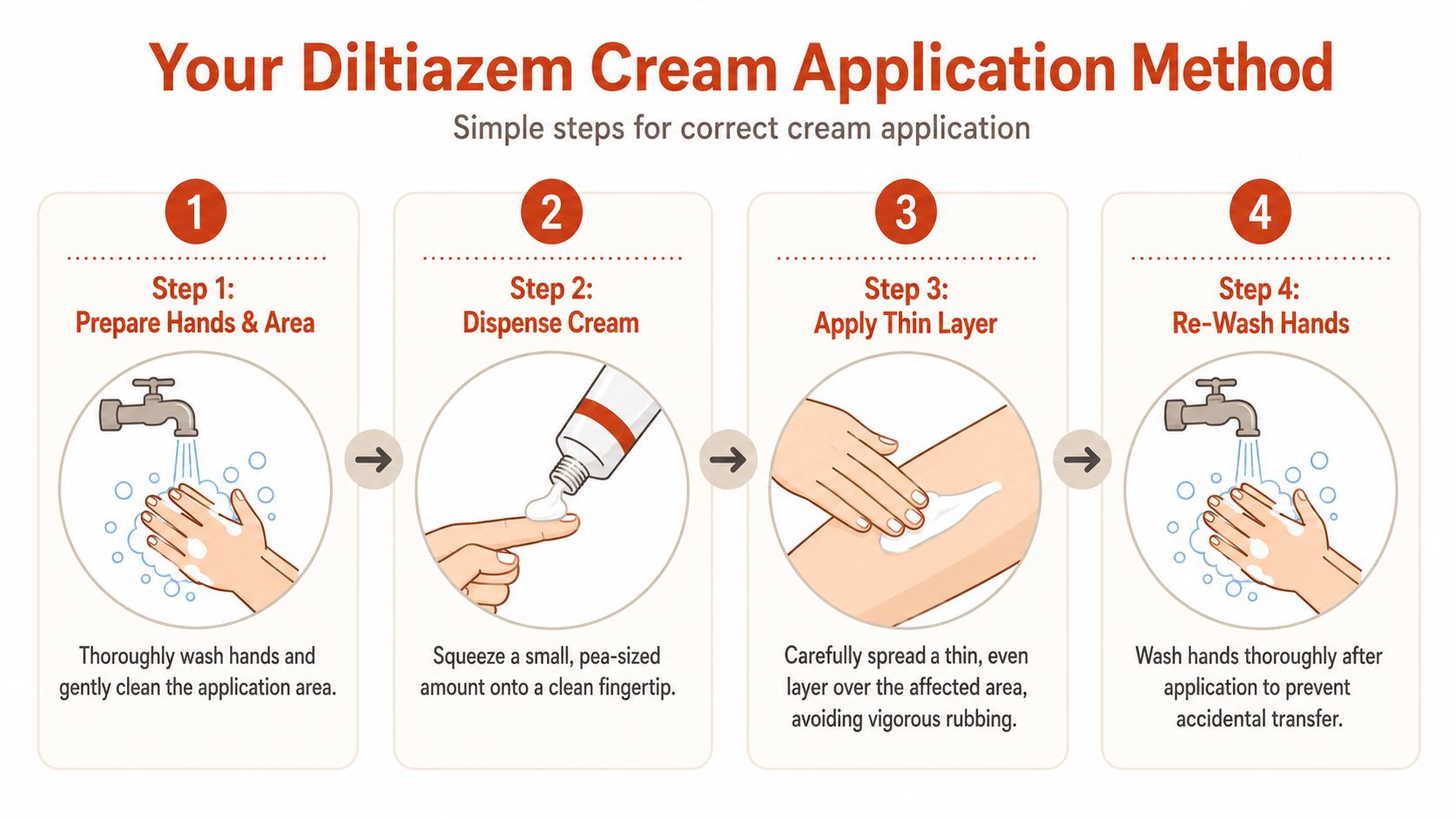 A four-step instructional guide on how to properly apply diltiazem cream to the affected skin area.