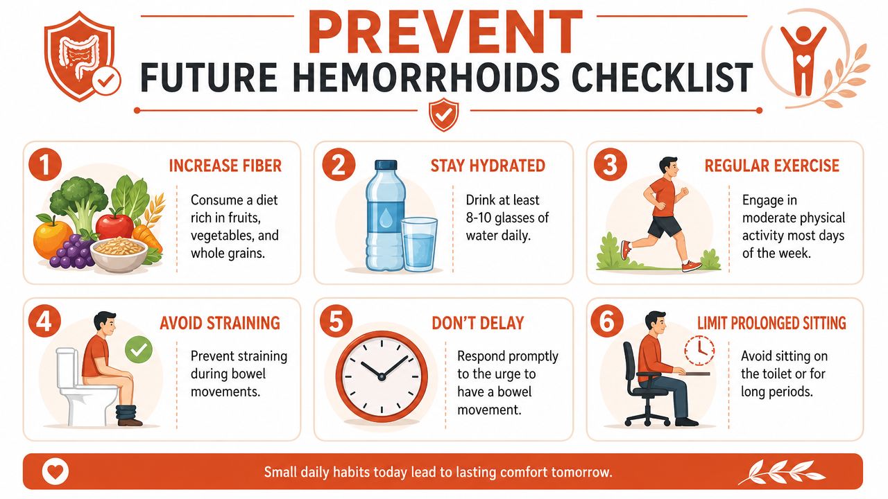 An infographic checklist with six healthy habits to prevent future hemorrhoids including diet, exercise, and lifestyle tips.