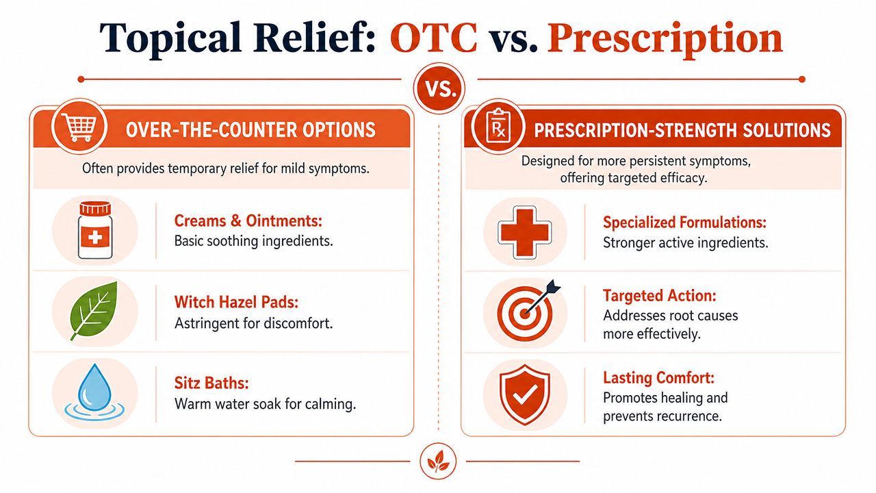 A comparison chart showing differences between over-the-counter and prescription-strength treatments for topical symptom relief.