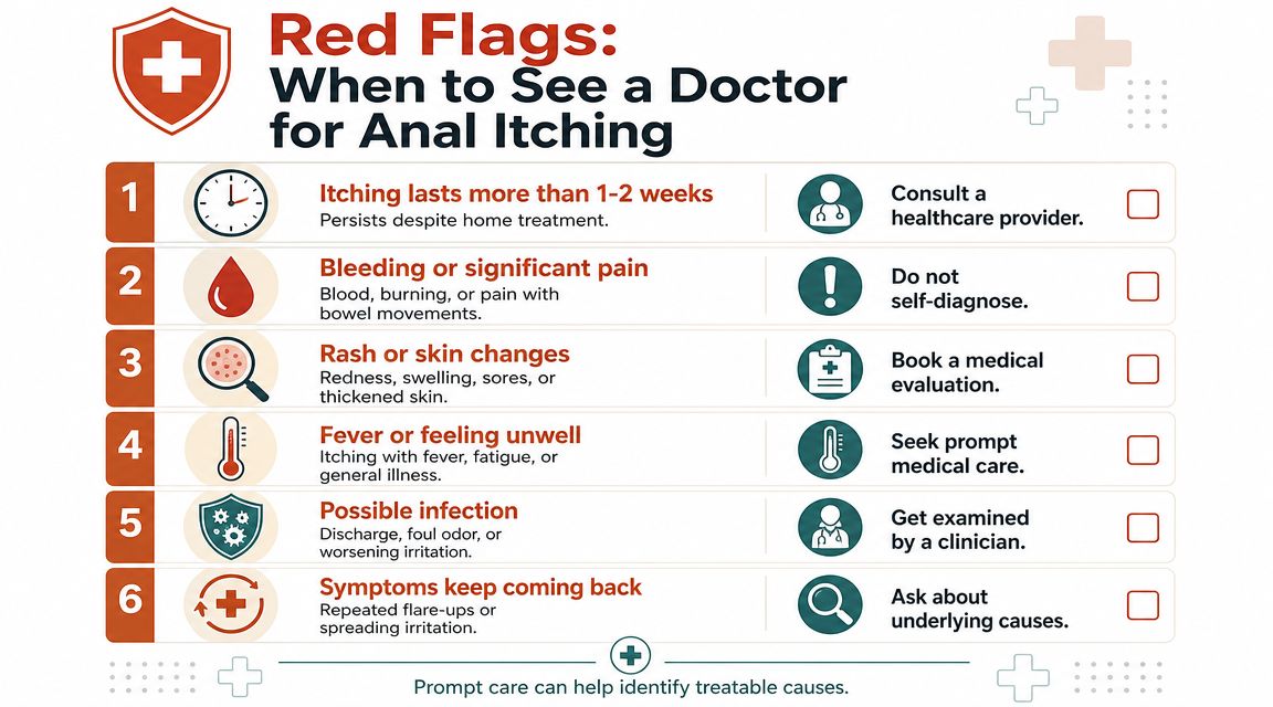 An infographic detailing six red flag symptoms of anal itching that require medical consultation with a doctor.
