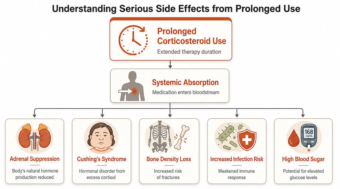 A flowchart showing how prolonged corticosteroid use leads to systemic absorption and serious potential health side effects.