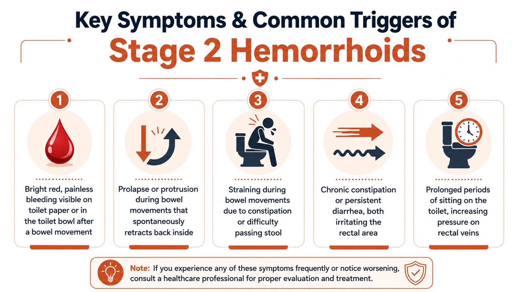 An infographic detailing five key symptoms and common triggers associated with stage 2 internal hemorrhoids.