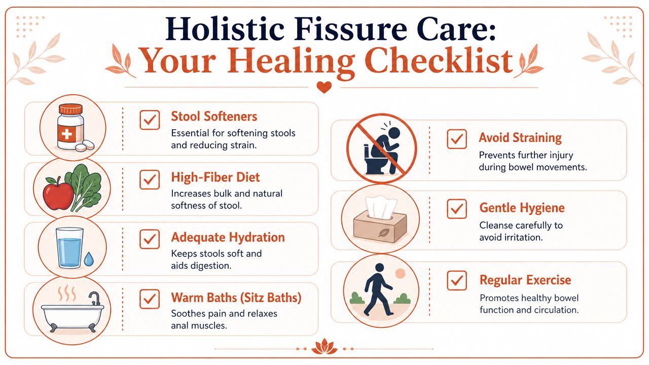 A holistic healing checklist for anal fissures displaying recommended habits like stool softeners, fiber, and baths.