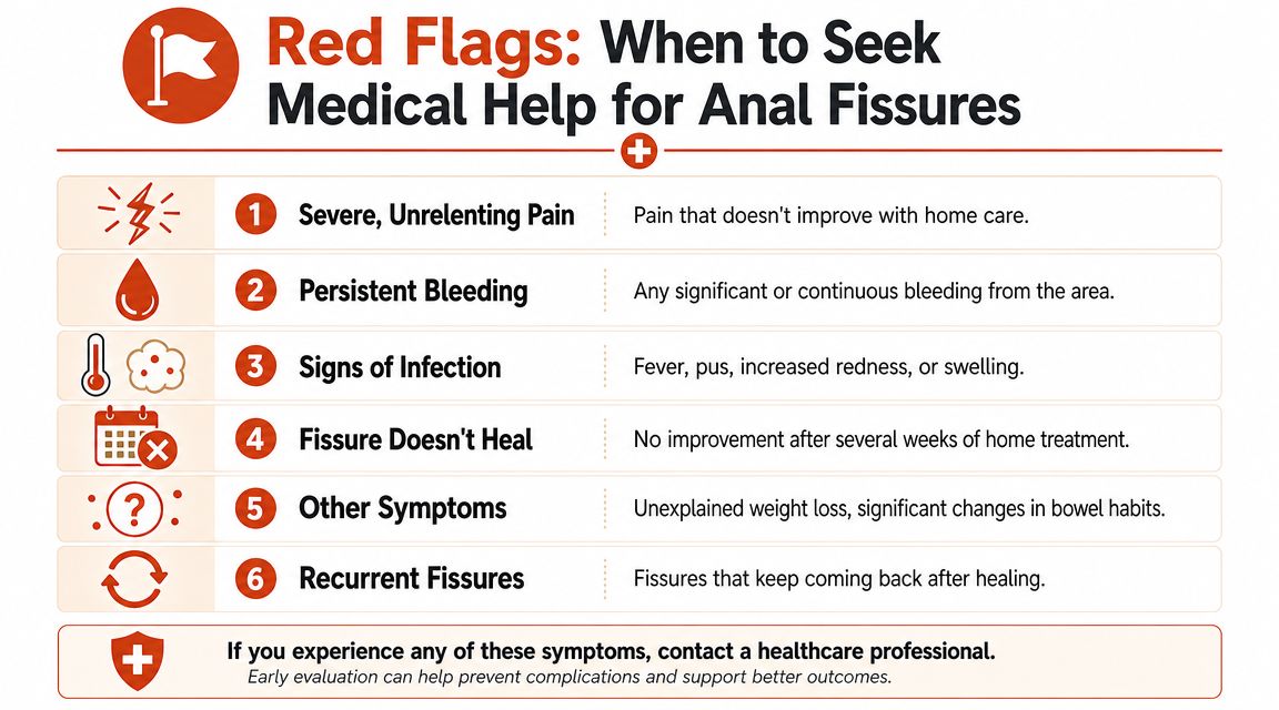 A chart listing six red flag symptoms of anal fissures that require medical attention from a doctor.