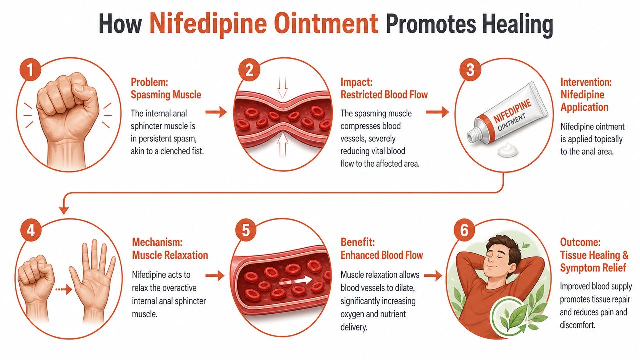 A six-step infographic explaining how Nifedipine ointment relaxes muscles to improve blood flow and promote tissue healing.