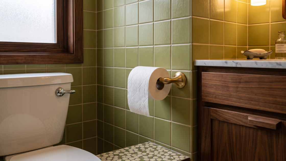 Bathroom with a toilet and toilet paper holder, representing the connection between GLP-1 related constipation and hemorrhoids