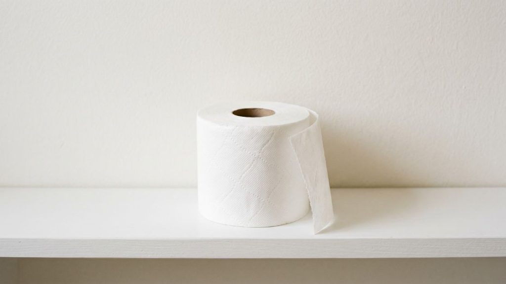 A single roll of toilet paper on a shelf, representing digestive discomfort and constipation on Mounjaro