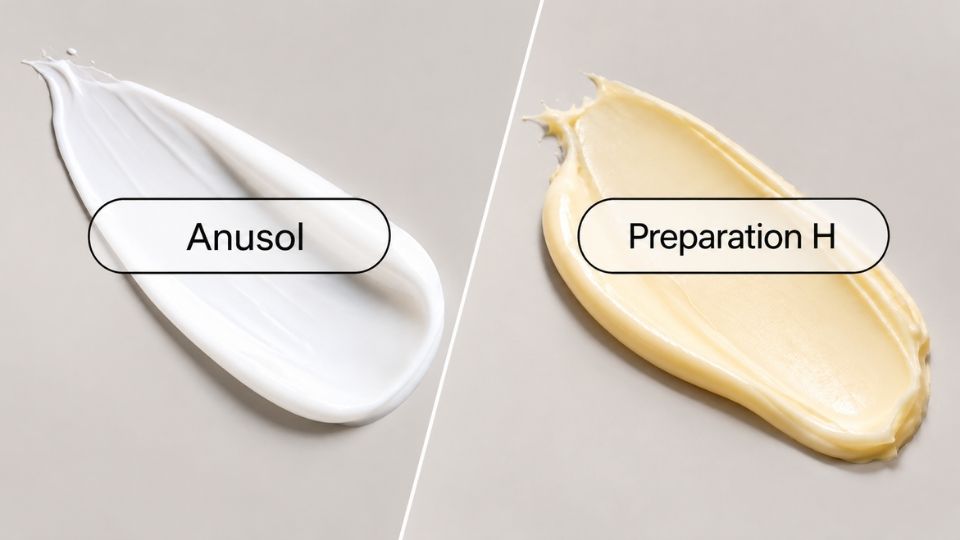 Side-by-side swatches of a white cream labeled Anusol and a pale yellow cream labeled Preparation H