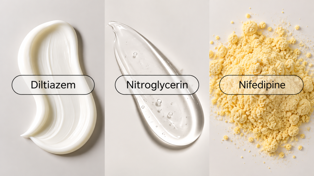 Swatches of diltiazem cream, nitroglycerin gel, and nifedipine powder side by side