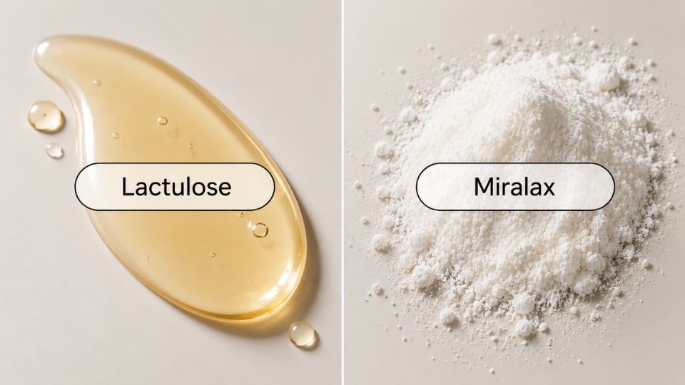 Side by side: a golden syrup labeled Lactulose and a mound of white powder labeled Miralax